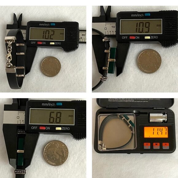 Sterling Silver 925 Rectangular Green Acrylic Black Banded Bracelet 7.5" - Picture 10 of 16